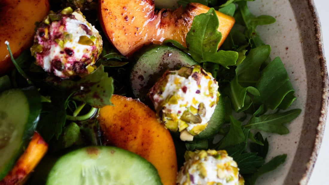 Peach, Pistachio & Feta Salad with Daily Beauty Berry Dressing